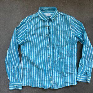 ZARA Men’s Blue White Vertical Stripe Button-Up Shirt Linen Blend Size S